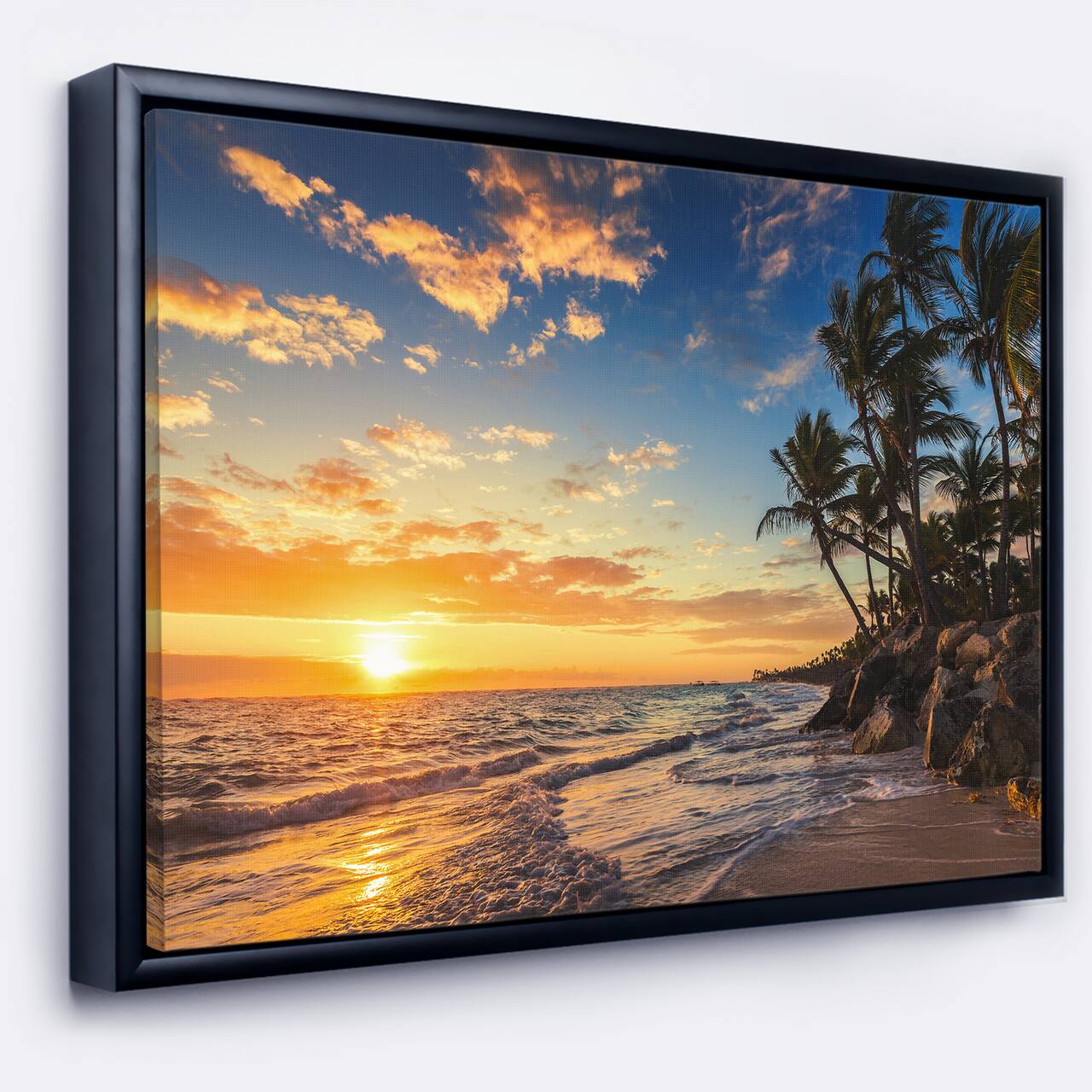 Designart - Paradise Tropical Island Beach with Palms - Extra Large Seascape Art Framed Canvas